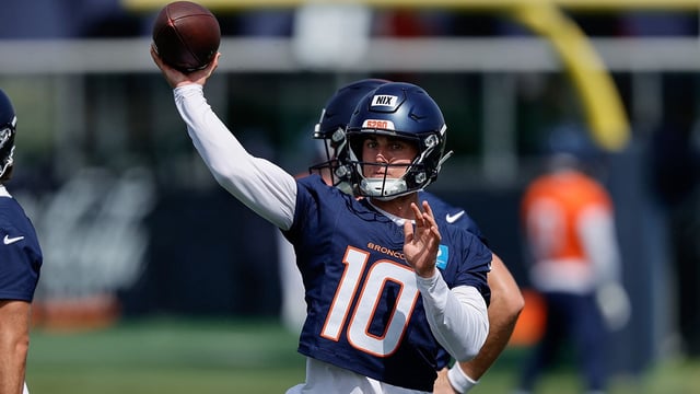 Jul 24, 2025; Englewood, CO, USA; Denver Broncos quarterback Bo Nix (10) during Denver Broncos Training Camp. Mandatory Credit: Isaiah J. Downing-Imagn Images
