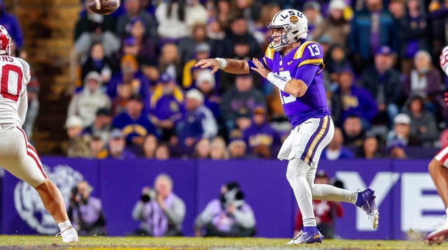 Tigers quarterback Garrett Nussmeier 13 throws a pass as the LSU Tigers take on the Oklahoma Sooners. Nov 30, 2024; Baton Rouge, Louisiana, USA; at Tiger Stadium.