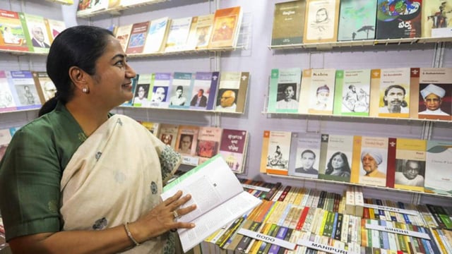 Delhi Chief Minister Rekha Gupta during the 29th Delhi Book Fair at Bharat Mandapam in New Delhi on Wednesday. (PTI)