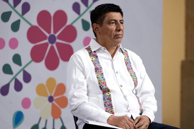 The Governor of the state of Oaxaca, Salomon Jara Cruz, speaks during a briefing about the Guelaguetza Festival at the National Palace in Mexico City, Mexico, on July 11, 2025. (Photo by Luis Barron/Eyepix Group) (Photo by Eyepix/NurPhoto via AP)