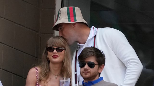 Recording artist Taylor Swift and Kansas City Chiefs tight end Travis Kelce look on during the men&#39;s singles final of the 2024 U.S. Open tennis tournament at USTA Billie Jean King National Tennis Center in Flushing, New York on Sept. 8, 2024.