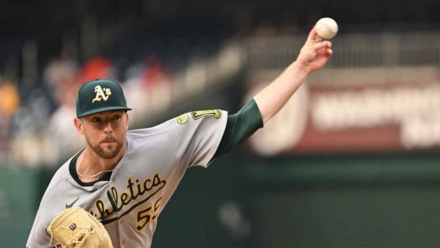Athletics starting pitcher Jeffrey Springs (59) throws a pitch against the Washington Nationals during the first inning for the A&#39;s at Nationals Park.