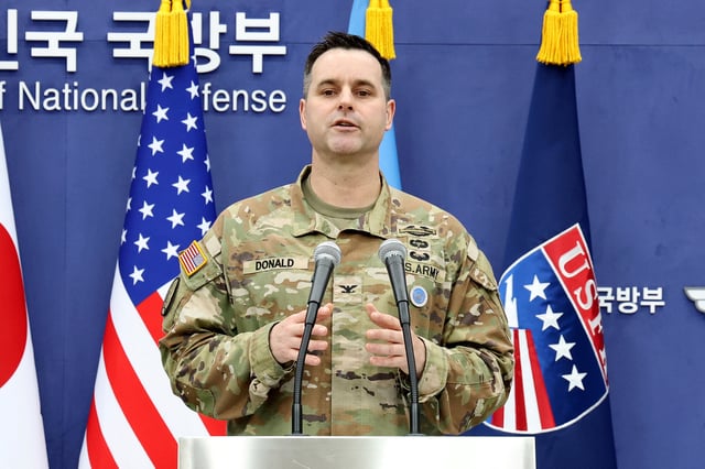 SEOUL, SOUTH KOREA - AUGUST 07: Col. Ryan Donald, public affairs director of the United Nations Command (UNC), Combined Forces Command (CFC), and United States Forces Korea (USFK) attends the press briefing of Ulchi Freedom Shield 2025 exercise at the Defense Ministry on August 07, 2025 in Seoul, South Korea. The 11-day Freedom Shield is part of an annual combined training with troops from South Korea and the United States. Chung Sung-Jun/Pool via REUTERS