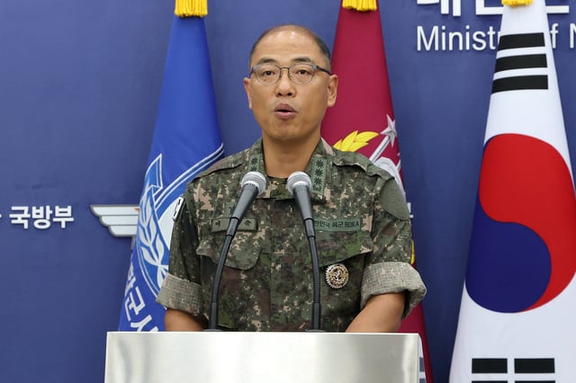 SEOUL, SOUTH KOREA - AUGUST 07: Col. Lee Sung-jun, public affairs director of South Korea's Joint Chiefs of Staff attends the press briefing of Ulchi Freedom Shield 2025 exercise at the Defense Ministry on August 07, 2025 in Seoul, South Korea. The 11-day Freedom Shield is part of an annual combined training with troops from South Korea and the United States. Chung Sung-Jun/Pool via REUTERS