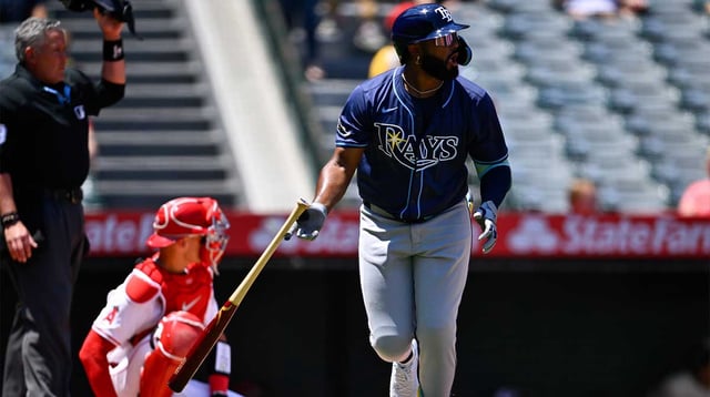 Aug 6, 2025; Anaheim, California, USA; Tampa Bay Rays third baseman Junior Caminero (13) looks up after hitting a two-run home run during the first inning against the Los Angeles Angels at Angel Stadium of Anaheim. Mandatory Credit: Kelvin Kuo-Imagn Images