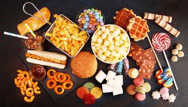 Unhealthy products. food bad for figure, skin, heart and teeth. Assortment of fast carbohydrates food.