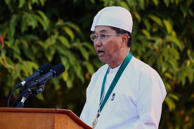 FILE - Myanmar Vice President Myint Swe speaks during a ceremony to mark Myanmar's 73rd anniversary of Union Day in Naypyitaw, Myanmar, Feb. 12, 2020. (AP Photo/Aung Shine Oo, File)