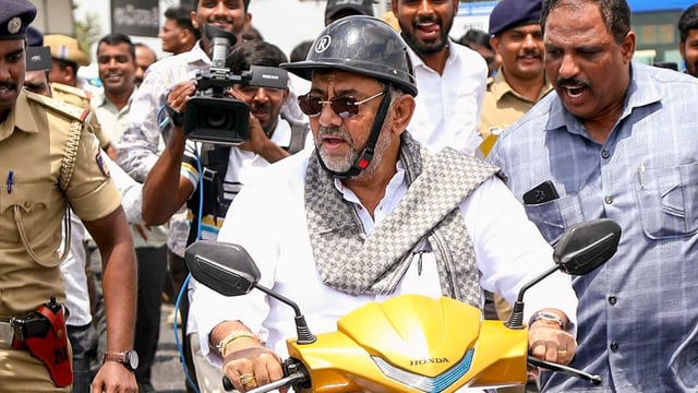 Karnataka Deputy Chief Minister DK Shivakumar inspecting the ongoing Hebbal flyover construction works in Bengaluru.