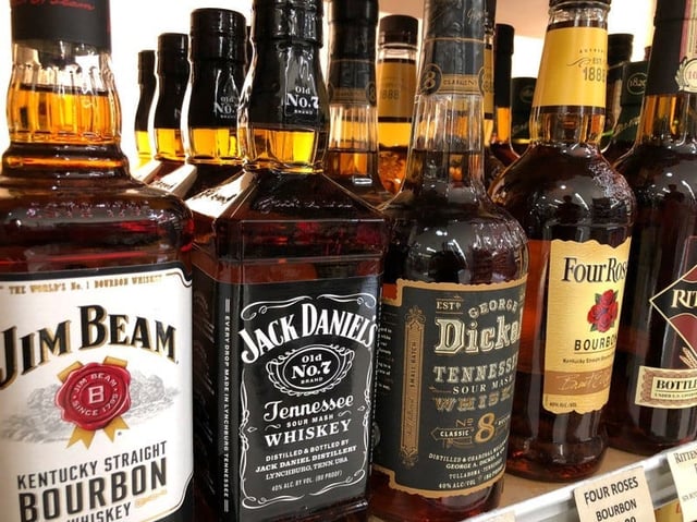 A bottle of Jack Daniels is shown for sale among other brands in the liquor section of a food market in Encinitas, California