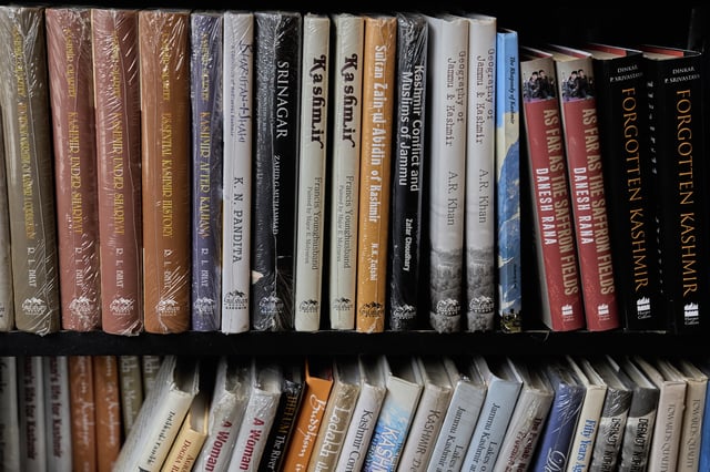 Books on Kashmir are displayed inside a book store in Srinagar, India, Thursday, Aug. 7, 2025. (AP Photo/ Dar Yasin )