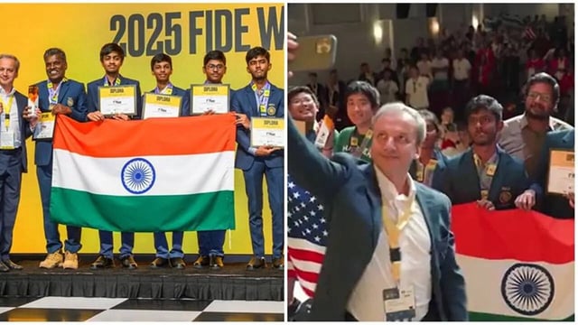 India players representing Velammal MHS School at the Closing Ceremony of the 2025 World Schools Team Championship. (PHOTO: FIDE via Michal Walusza)