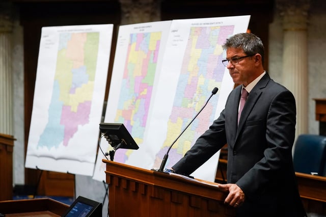 Indiana Senate President Pro Tem Rodric Bray speaks during a news conference at the Statehouse, Tuesday, Sept. 21, 2021, in Indianapolis. The proposal for the new Senate election districts released Tuesday comes as the Republican-dominated Legislature intends to give final approval by the end of next week for all of Indiana's congressional and legislative seats.(AP Photo/Darron Cummings)