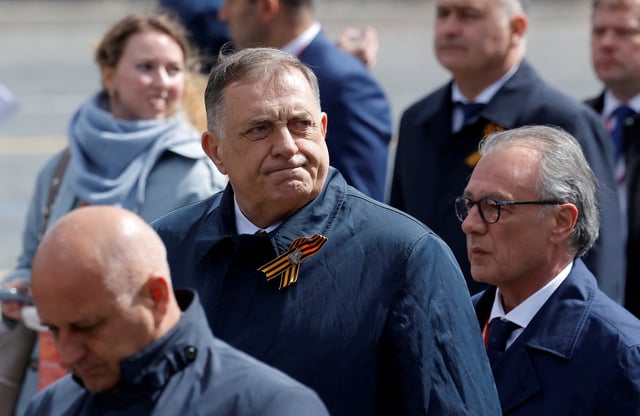 Bosnian Serb leader Milorad Dodik leaves after a military parade on Victory Day, marking the 80th anniversary of the victory over Nazi Germany in World War Two, in Red Square in central Moscow, Russia, May 9, 2025. REUTERS/Maxim Shemetov/File Photo