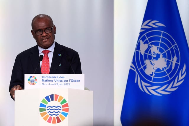 Solomon Islands Prime Minister Jeremiah Manele delivers a speech during a plenary session at the third United Nations Ocean Conference (UNOC3), which gathers leaders, researchers and activists to discuss how to protect marine life, at the Centre des Expositions conference centre in Nice, France, June 9, 2025. REUTERS/Manon Cruz/File Photo