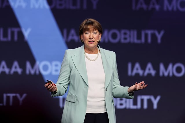 Hildegard Mueller, President of the German Association of the Automotive Industry, speaks during an event at the 2023 Munich Auto Show IAA Mobility, in Munich, Germany, September 5, 2023. REUTERS/Leonhard Simon/File Photo