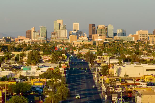 In an aerial view, the downtown skyline is seen during a heat wave on July 15, 2023 in Phoenix, Arizona.