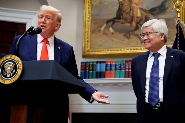 WASHINGTON, DC - MARCH 03: U.S. President Donald Trump, accompanied by Taiwan Semiconductor Manufacturing Company (TSMC) CEO C.C. Wei (R), speaks in the Roosevelt Room of the White House on March 3, 2025 in Washington, DC.