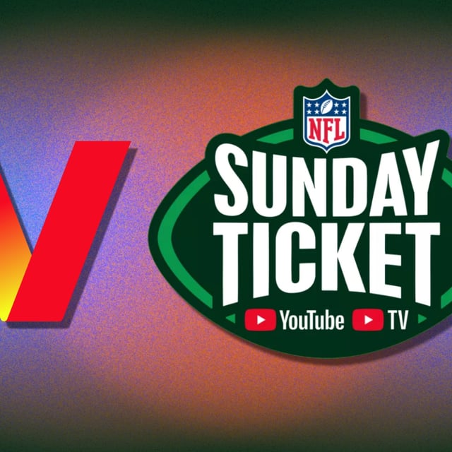 Verizon logo and NFL Sunday Ticket logo arranged on gray, blue, and orange backdrop