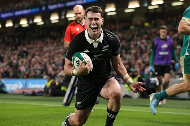 DUBLIN, IRELAND - NOVEMBER 08: Will Jordan of New Zealand celebrates after scoring a try during the Autumn Nations Series 2025 match between Ireland and New Zealand All Blacks at Aviva Stadium on November 08, 2024 in Dublin, Ireland. (Photo by David Rogers/Getty Images)