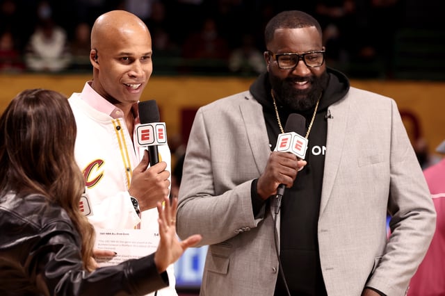 Richard Jefferson and Kendrick Perkins attend the Ruffles NBA All-Star Celebrity Game during the 2022 NBA All-Star Weekend at Wolstein Center on February 18, 2022 in Cleveland, Ohio.