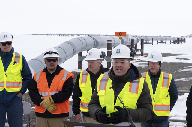 FILE - With the Trans-Alaska Pipeline in the background, EPA Administrator Lee Zeldin speaks during a news conference at the Pump Station 1 on Monday, June 2, 2025, located near Deadhorse, Alaska, on the state's North Slope. (AP Photo/Jenny Kane, File)