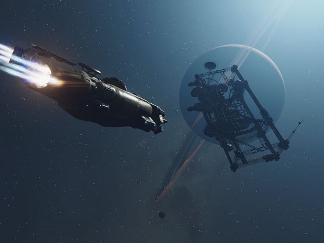 Starfield sci-fi game with spaceship