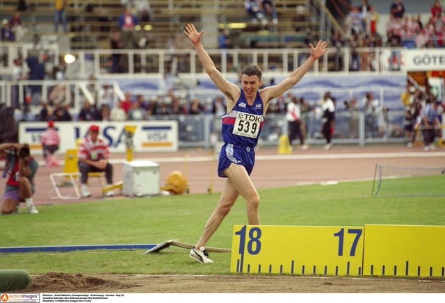 Edwards celebrates a triple jump world record in Gothenburg, Sweden in August 1995.