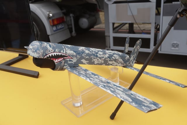 A loitering munition is displayed at National Chung-Shan Institute of Science and Technology in Taichung City, central Taiwan, on March 14, 2023.