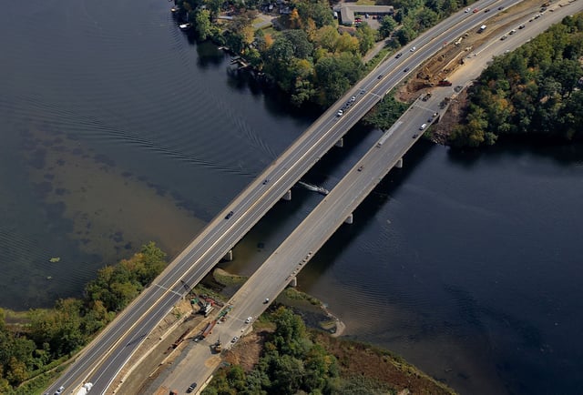 The Rocheambeau Bridges carrying I-84 over the Housatonic River in Newtown and Southbury.