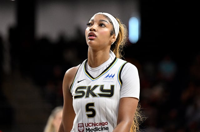 Angel Reese #5 of the Chicago Sky reacts to a call in the game against the Washington Mystics at Carefirst Arena on July 29, 2025 in Washington, DC.