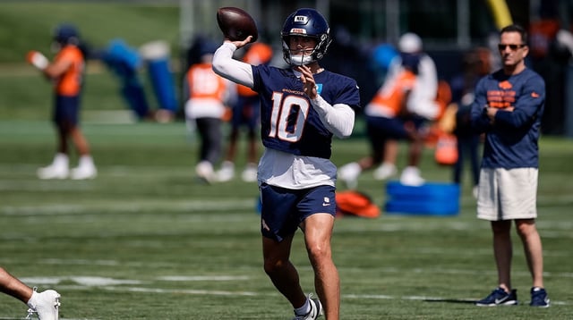 Jul 23, 2025; Englewood, CO, USA; Denver Broncos quarterback Bo Nix (10) during Denver Broncos Training Camp. Mandatory Credit: Isaiah J. Downing-Imagn Images