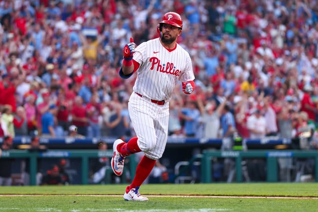PHILADELPHIA, PENNSYLVANIA - AUGUST 4: Kyle Schwarber #12 of the Philadelphia Phillies rounds the bases on his two-run home run in the third inning against the Baltimore Orioles at Citizens Bank Park on August 4, 2025 in Philadelphia, Pennsylvania.