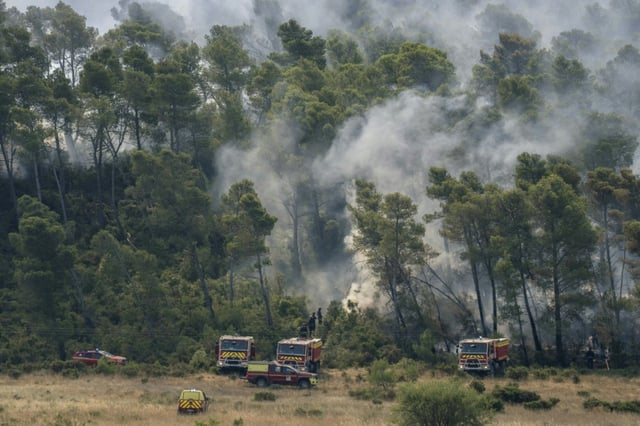 Des véhicules de pompiers près d'une zone forestière en feu à Saint-Laurent-de-la-Cabrerisse, dans l'Aude, le 7 août 2025