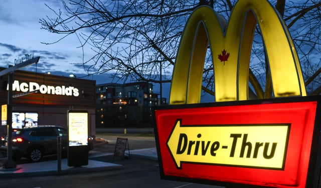 McDonald’s Drive Thru sign seen outside a McDonald’s fast food restaurant, in Edmonton, Alberta, on April 19, 2025.
