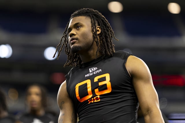 Jaydon Blue #RB03 of Texas stands on the field during the NFL Scouting Combine at Lucas Oil Stadium on March 1, 2025 in Indianapolis, Indiana.