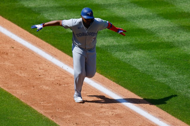 DENVER, CO - AUGUST 6: Vladimir Guerrero Jr. #27 of the Toronto Blue Jays celebrates as he jogs home after hitting a solo home run in the eighth inning against the Colorado Rockies at Coors Field on August 6, 2025 in Denver, Colorado. (Photo by Justin Edmonds/Getty Images)