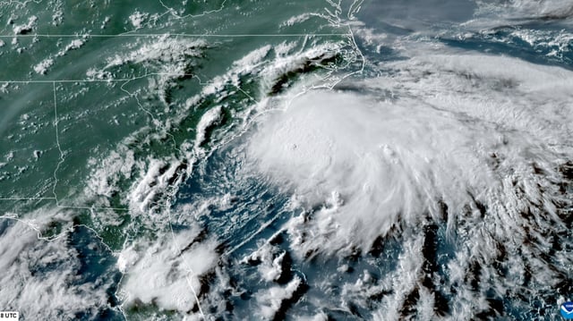 A still satellite image of Tropical Storm Chantal nearing South Carolina on July 6, 2025.