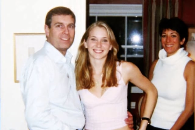 Prince Andrew puts his hand around 17-year-old Virginia Giuffre&#39;s waist alongside Ghislaine Maxwell in 2001, in a photo Giuffre including in her lawsuit against Andrew.