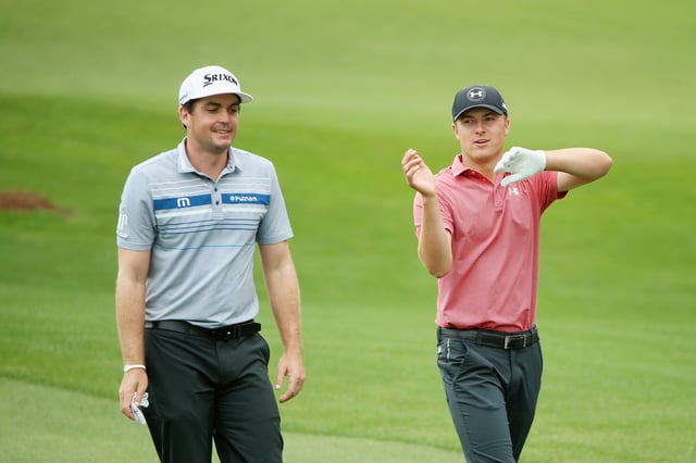 AUGUSTA, GA - APRIL 06: (L-R) Keegan Bradley of the United States and Jordan Spieth of the United States smile while talking during a practice round prior to the start of the 2015 Masters Tournament at Augusta National Golf Club on April 6, 2015 in Augusta, Georgia. (Photo by Andrew Redington/Getty Images)