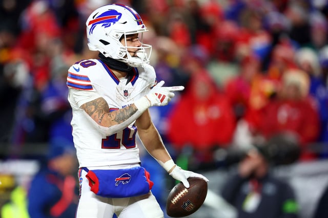 Jan 26, 2025; Kansas City, MO, USA; Buffalo Bills wide receiver Khalil Shakir (10) reacts after a catch against the Kansas City Chiefs during the first half in the AFC Championship game at GEHA Field at Arrowhead Stadium. Mandatory Credit: Mark J. Rebilas-Imagn Images/ File Photo