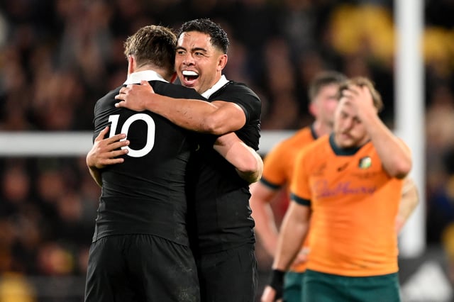 WELLINGTON, NEW ZEALAND - SEPTEMBER 28: Anton Lienert-Brown celebrates with Beauden Barrett of New Zealand during The Rugby Championship & Bledisloe Cup match between New Zealand All Blacks and Australia Wallabies at Sky Stadium on September 28, 2024 in Wellington, New Zealand. (Photo by Hannah Peters/Getty Images)