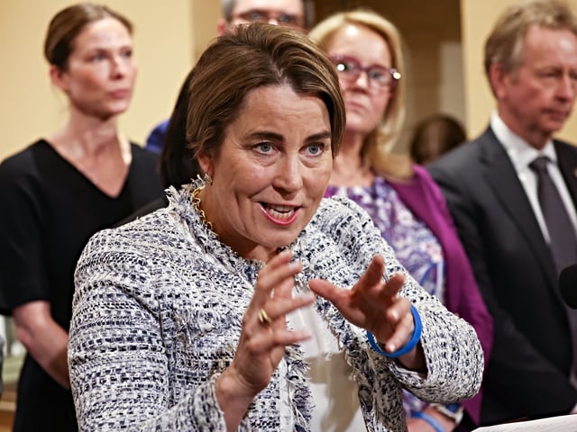 Mass. Gov. Maura Healey chats about the Trump administration tariffs and the effect on the Mass. economy  on April 9. (Staff Photo By Stuart Cahill/Boston Herald)
