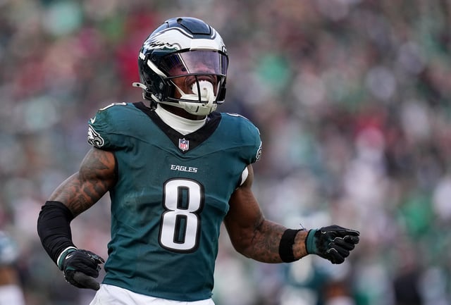 C.J. Gardner-Johnson #8 of the Philadelphia Eagles reacts while playing the Washington Commanders during the first quarter in the NFC Championship Game at Lincoln Financial Field on January 26, 2025 in Philadelphia, Pennsylvania.