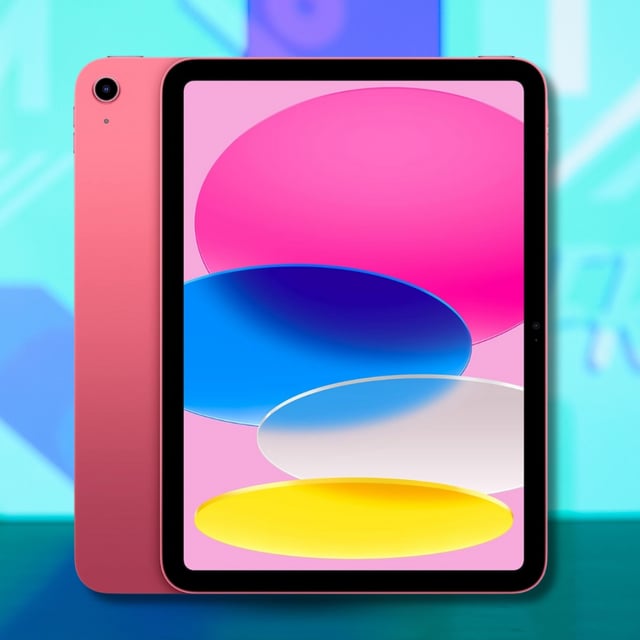 An Apple iPad 10th generation against a colorful background