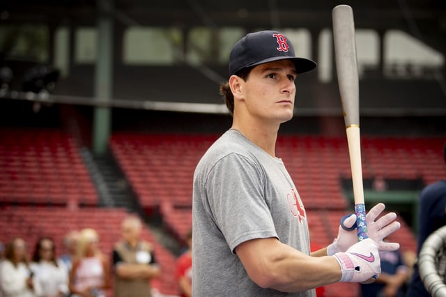 BOSTON, MASSACHUSETTS - AUGUST 5: Roman Anthony #19 of the Boston Red Sox looks on during batting practice before a game against the Kansas City Royals on August 5, 2025 at Fenway Park in Boston, Massachusetts.
