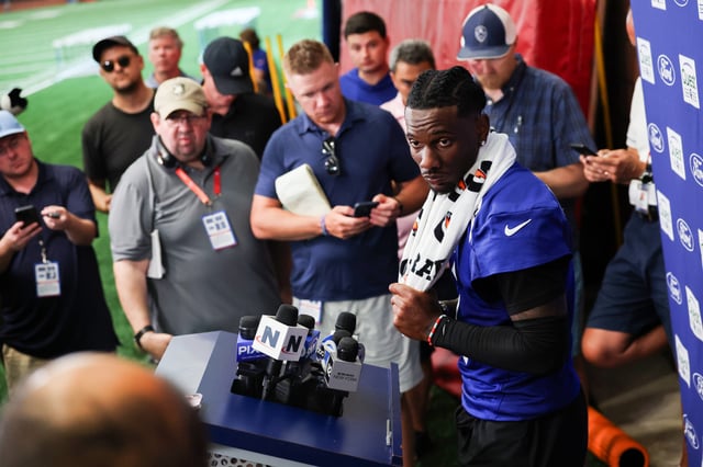 Malik Nabers #1 of the New York Giants speaks to the press during training camp at Quest Diagnostics Training Center on July 23, 2025 in East Rutherford, New Jersey.
