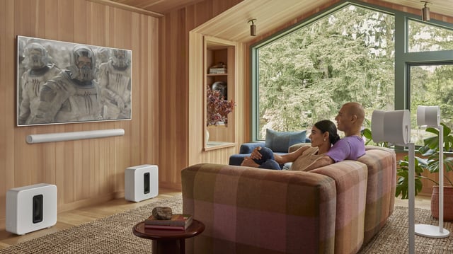 A couple uses Sonos' Arc Ultra soundbar and Sub 4 subwoofer.