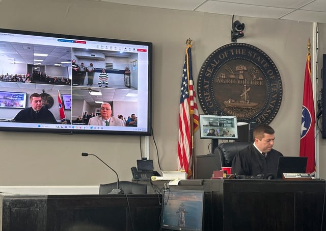 Judge Andrew T. Cook speaks to Austin Drummond via video conference during an arraignment in Tiptonville, Tennessee on August 7th.