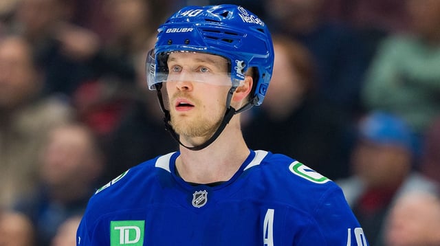 Mar 16, 2025; Vancouver, British Columbia, CAN;Vancouver Canucks forward Elias Pettersson (40) during a stop in play against Utah Hockey Club in the third period at Rogers Arena. Mandatory Credit: Bob Frid-Imagn Images