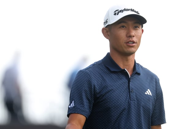 Jul 18, 2025; Portrush, IRL; Collin Morikawa on the first hole during the second round of The 153rd Open Championship golf tournament. Mandatory Credit: Mike Frey-Imagn Images/File Photo